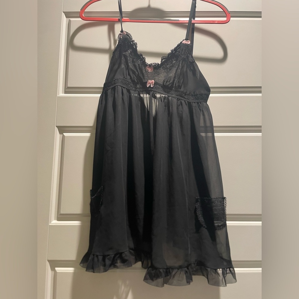 Betsey Johnson | Black Chiffon and Heirloom Lace Babydoll with Pink Bows | Small